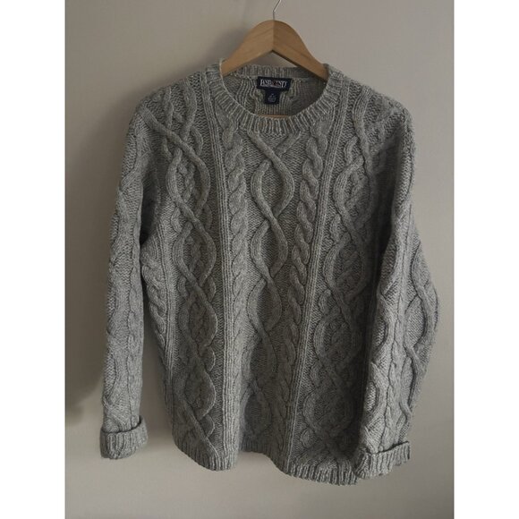 Lands End Cable Knit Wool Fisherman Sweater Grey Heavy Womens Medium - Picture 1 of 11
